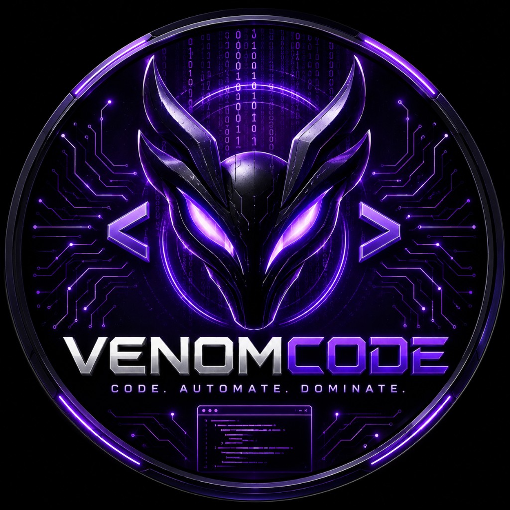 VenomCode logo: a violet serpent mask inside a circuit ring